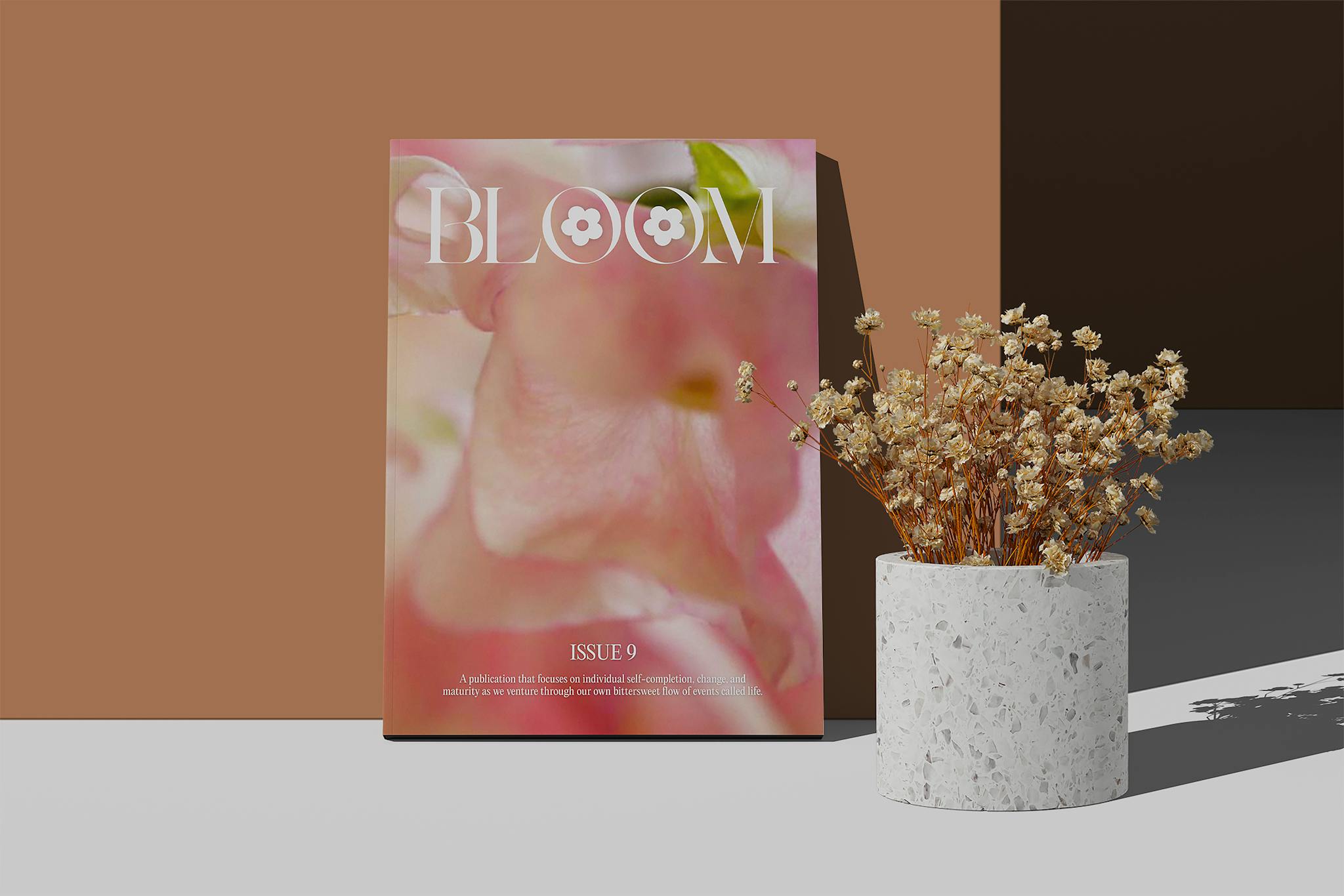 Modern magazine cover with potted dried flowers, perfect for design inspiration.