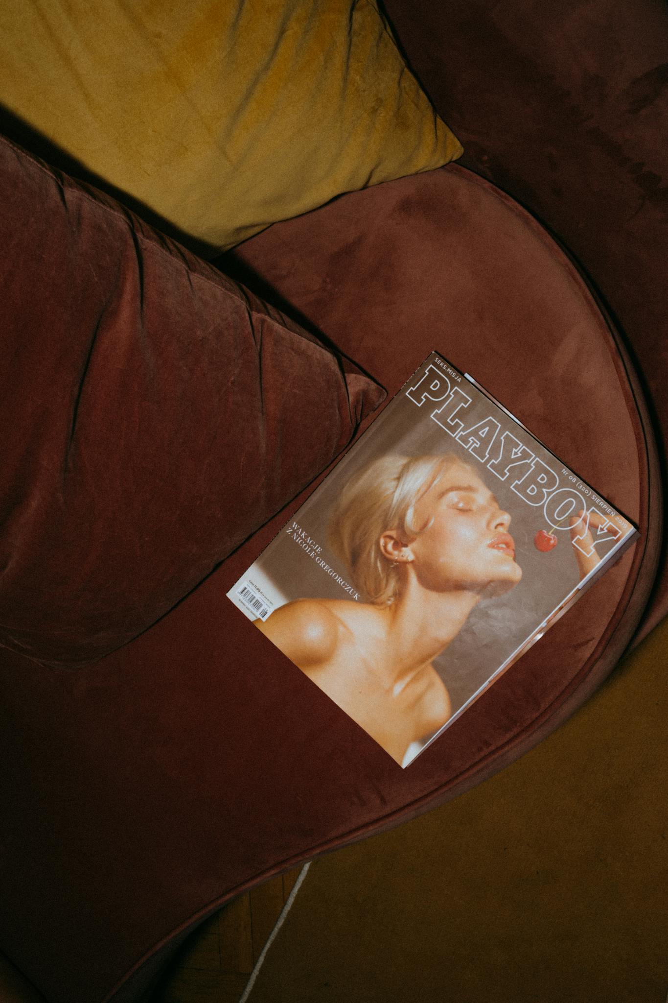 Playful composition of vintage magazine on a cozy velvet sofa, capturing retro vibes and home decor aesthetics.